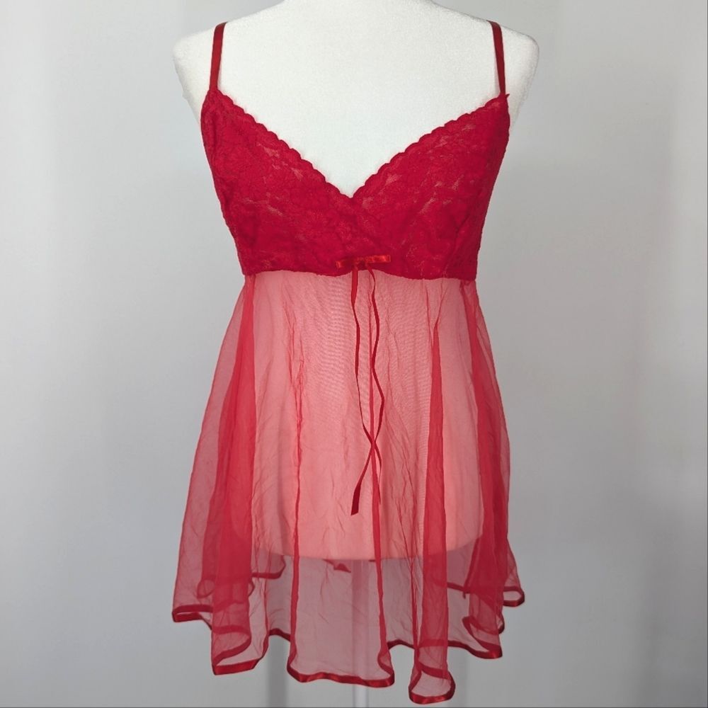 Vintage Petra Fashions Red Floral Lace Babydoll Lingerie Top Sheer Waist Large